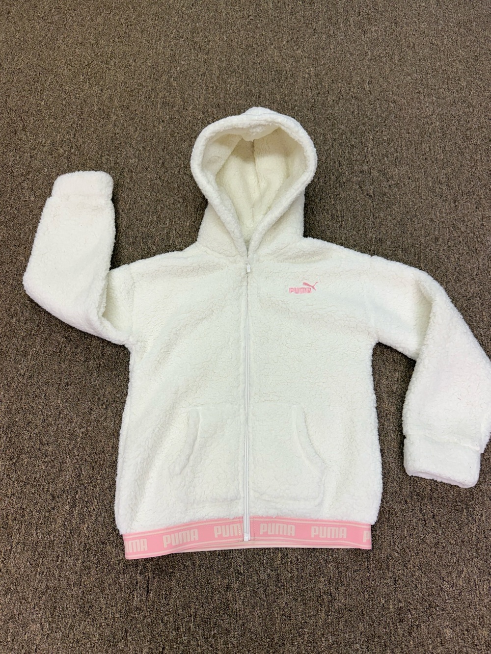 PUMA Kids white And  Pink Sherpa Zip-Up Hoodie, Size L  (12-14)